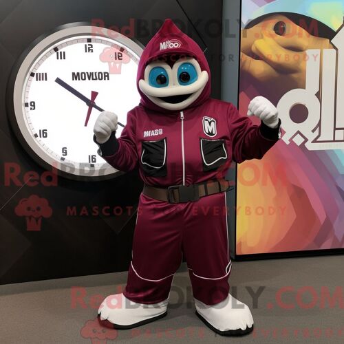 Personnage De Costume De Mascotte Redbrokoly Maroon Rainbow Habillé D Une Veste De Moto Et De Montres Numériques