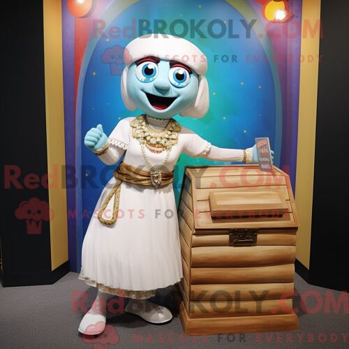 Personnage De Costume De Mascotte Redbrokoly De Coffre Au Trésor Blanc Habillé Avec Une Jupe Trapèze Et Des Bracelets