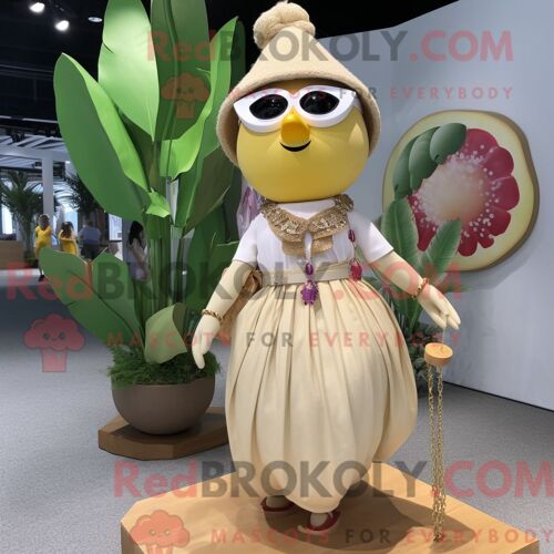Mascotte Redbrokoly De Mango Beige Costume De Personnage Habillé Avec Une Jupe Et Des Colliers