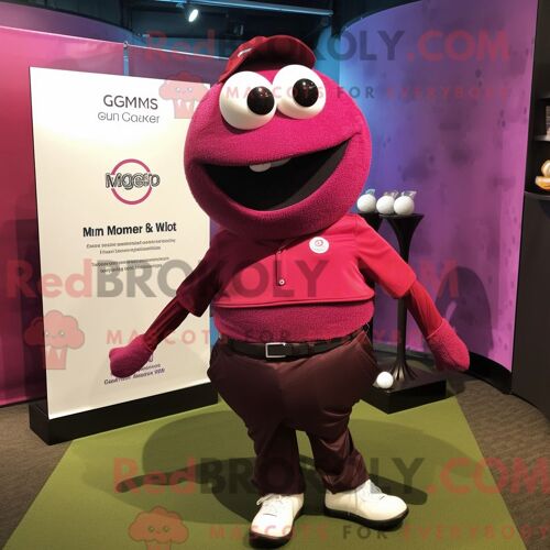 Personnage Mascotte Redbrokoly De Balle De Golf Magenta Habillé D Une Chemise En Popeline Et De Sacs Messager