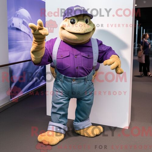 Costume De Mascotte Redbrokoly De Tortue De Mer Violette Personnage Habillé D Un Jean Et D Une Écharpe