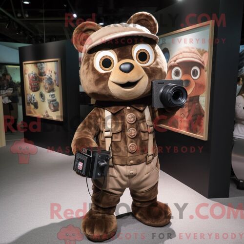Personnage De Costume De Mascotte Redbrokoly D Appareil Photo Marron Habillé D Une Salopette Et D Un Porte-Monnaie