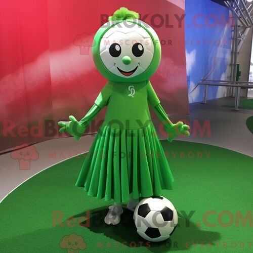 Personnage De Costume De Mascotte Redbrokoly De Ballon De Football Vert Habillé Avec Une Jupe Plissée Et Des Clips Pour Écharpe