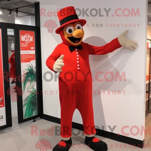 Personnage De Costume De Mascotte Redbrokoly De Marcheur Sur Échasses Rouge Habillé Avec Un Pantalon Chino Et Des Chapeaux