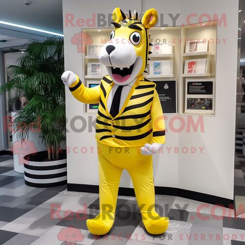 Personnage De Costume De Mascotte Redbrokoly De Zèbre Jaune Citron Habillé Avec Un Pantalon De Costume Et Des Portefeuilles