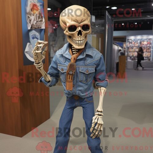 Personnage De Costume De Mascotte Redbrokoly De Crâne Bronzé Habillé D Une Chemise En Jean Et De Coussinets De Pieds