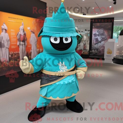 Costume De Mascotte Redbrokoly De Samouraï Turquoise Habillé D Une Jupe-Culotte Et D Une Pochette