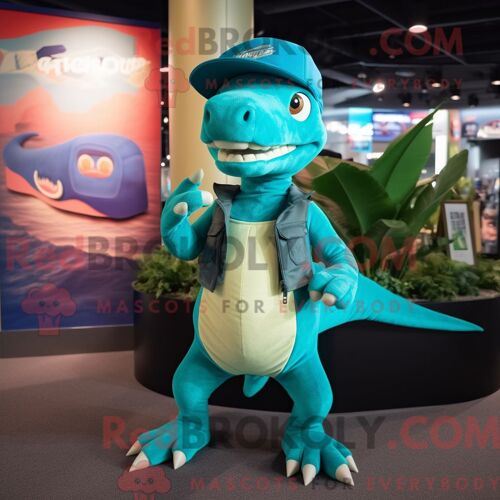 Costume Mascotte Redbrokoly De Dimorphodon Turquoise Personnage Habillé D Un T-Shirt Et De Bérets