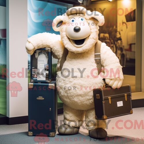 Costume De Mascotte Redbrokoly De Mouton Suffolk Crème Personnage Habillé Avec Un Jean Maman Et Des Porte-Documents