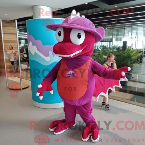 Costume De Mascotte Redbrokoly De Dragon Magenta Personnage Habillé D Un Maillot De Bain Une Pièce Et D Épingles À Chapeau