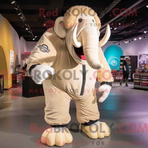 Costume De Mascotte Redbrokoly De Mammouth Crème Personnage Habillé Avec Un Blouson Aviateur Et Des Lacets De Chaussures