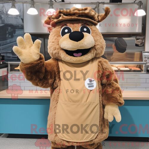 Personnage De Costume De Mascotte Redbrokoly De Sandwich Au Porc Effiloché Beige Habillé D Une Parka Et De Gants