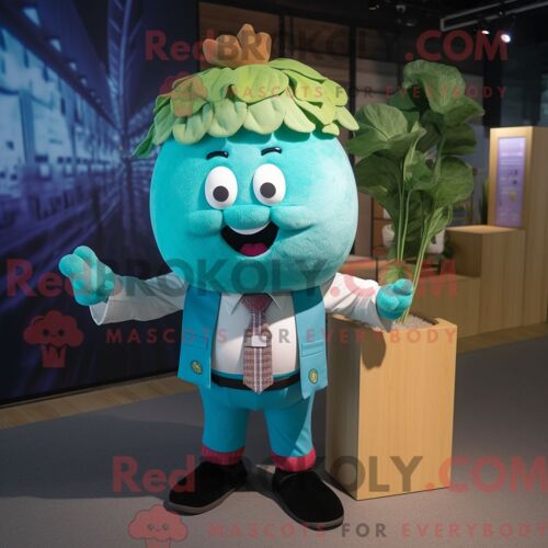 Personnage De Costume De Mascotte Redbrokoly De Navet Turquoise Habillé Avec Une Chemise Boutonnée Et Des Bretelles