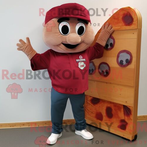 Personnage De Costume De Mascotte Redbrokoly De Maroon Pizza Habillé Avec Un Pantalon Cargo Et Des Pinces À Chaussures
