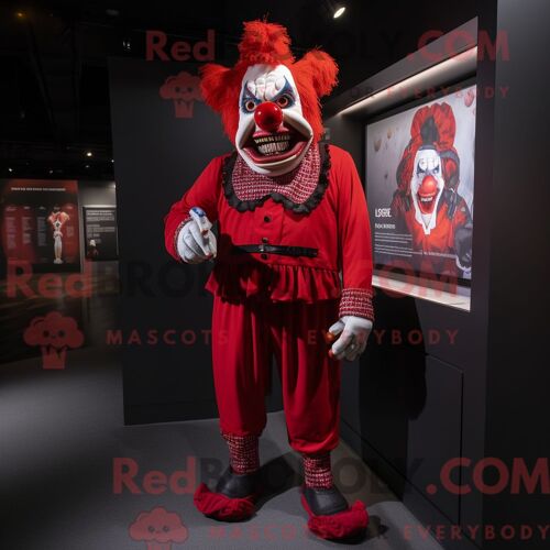 Costume De Mascotte Redbrokoly De Clown Maléfique Rouge Habillé D Un Cardigan Et De Portefeuilles