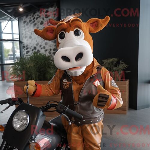 Costume De Mascotte Redbrokoly De Vache En Jersey Rouille Personnage Habillé D Une Veste De Moto Et De Noeuds Papillons