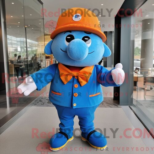 Costume Mascotte Redbrokoly De Personnage Bleu Orange Habillé D Une Chemise En Popeline Et De Bérets
