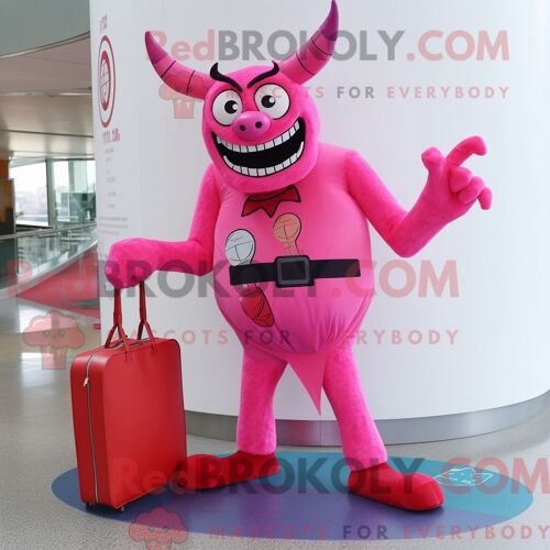 Costume De Mascotte Redbrokoly De Diable Rose Habillé Avec Un Pantalon Et Des Sacs Messager