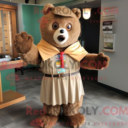 Costume De Mascotte Redbrokoly D Ours Beige Habillé D Un Pantalon Capri Et D Épingles À Châle