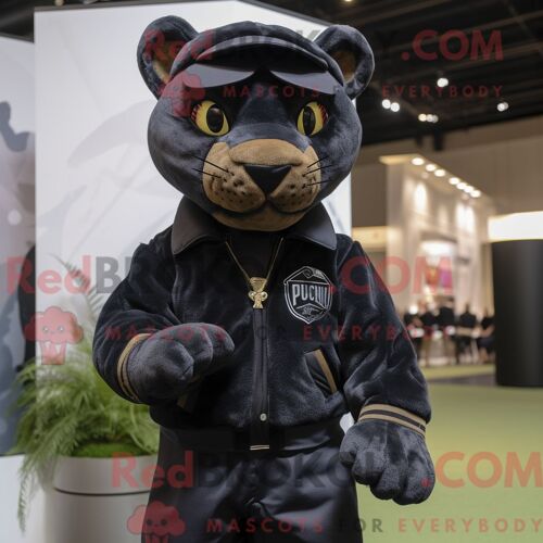 Costume Mascotte Redbrokoly De Puma Noir Personnage Habillé Avec Un Blouson Aviateur Et Des Bérets
