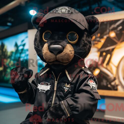 Costume Mascotte Redbrokoly De Puma Noir Personnage Habillé Avec Un Blouson Aviateur Et Des Bérets