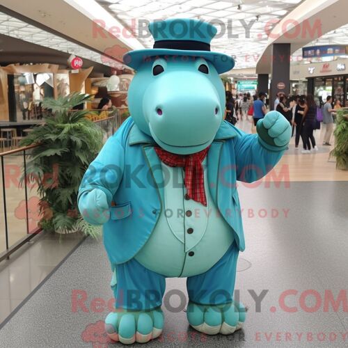 Costume Mascotte Redbrokoly D Hippopotame Turquoise Personnage Habillé Avec Un Chemisier Et Des Chapeaux