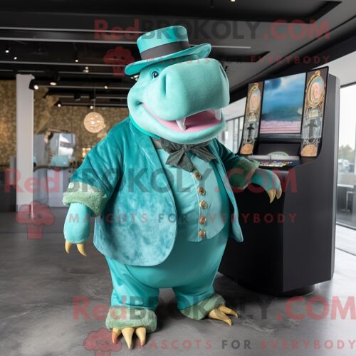 Costume Mascotte Redbrokoly D Hippopotame Turquoise Personnage Habillé Avec Un Chemisier Et Des Chapeaux