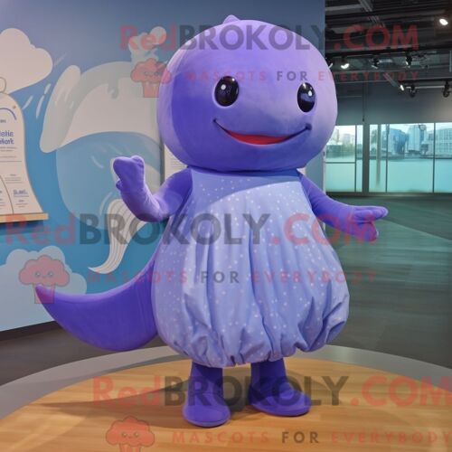 Costume De Mascotte Redbrokoly De Baleine Bleue Lavande Personnage Habillé Avec Une Robe Et Des Coussinets De Pieds