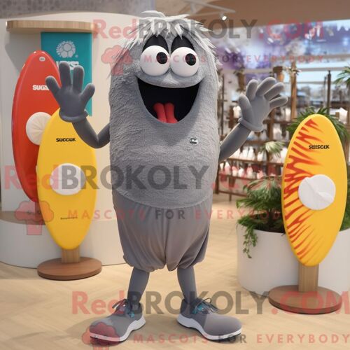 Costume Mascotte Redbrokoly De Shakshuka Gris Habillé D Un Maillot De Bain Une Pièce Et De Lacets De Chaussures