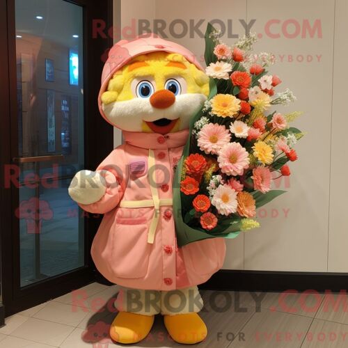 Costume Mascotte Redbrokoly De Bouquet De Fleurs De Pêche Personnage Habillé Avec Une Parka Et Des Montres