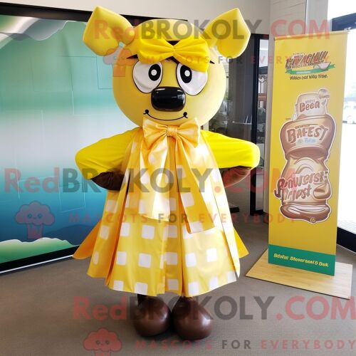Personnage De Costume De Mascotte Redbrokoly De Côtes Levées De Barbecue Jaune Habillé D Une Robe Portefeuille Et De Noeuds Papillons