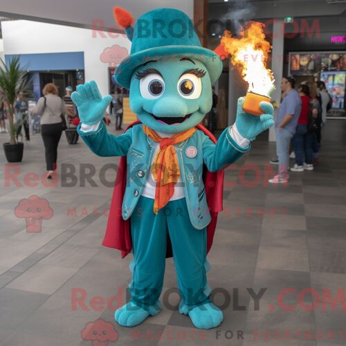 Costume De Mascotte Redbrokoly De Cracheur De Feu Bleu Sarcelle Habillé D Un Jean Évasé Et De Pochettes De Costume