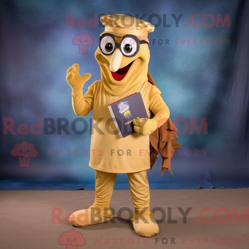 Costume Mascotte Redbrokoly Jambalaya Doré Personnage Habillé Avec Un Pantalon Chino Et Des Lunettes De Lecture