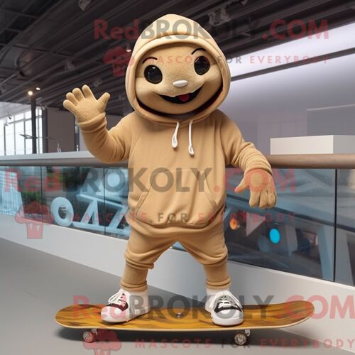 Personnage De Costume De Mascotte Redbrokoly De Skateboard Beige Habillé Avec Un Sweat À Capuche Et Des Lacets De Chaussures