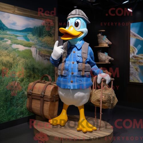 Personnage De Costume De Mascotte Redbrokoly De Canard Bleu Habillé Avec Un Short Cargo Et Des Sacs À Main