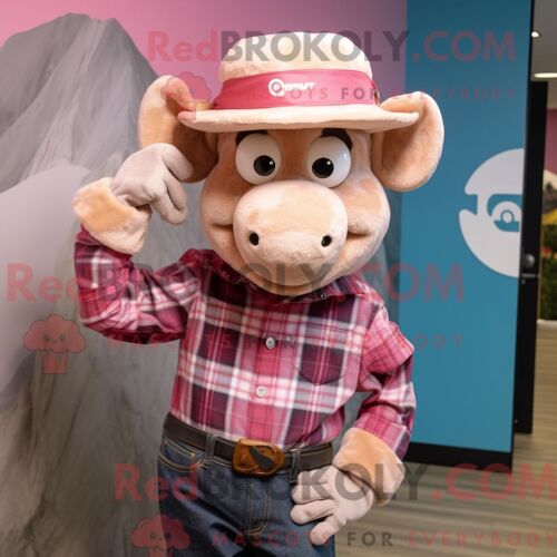 Costume De Mascotte Redbrokoly De Bélier Rose Personnage Habillé D Une Chemise En Flanelle Et D Épingles À Chapeau