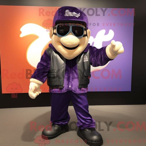 Costume De Mascotte Redbrokoly De Pop Corn Violet Personnage Habillé D Une Veste En Cuir Et De Casquettes