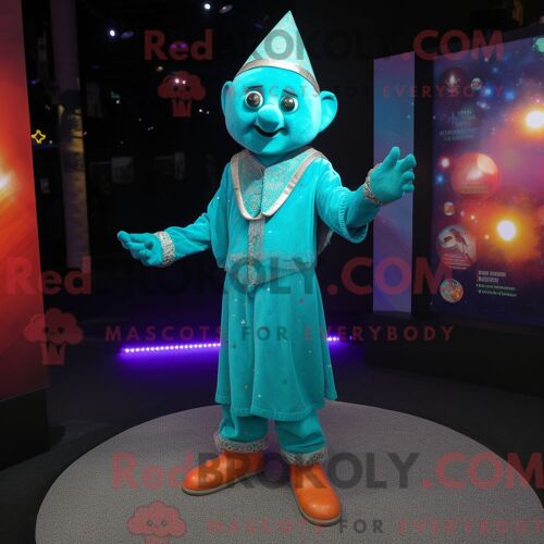 Costume De Mascotte Redbrokoly De Magicien Turquoise Habillé D Un Pull Et De Bracelets De Cheville