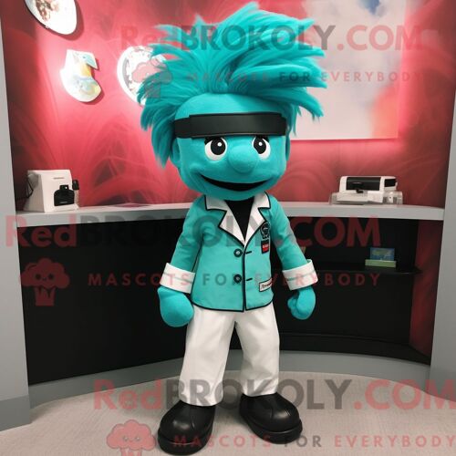 Costume De Mascotte Redbrokoly De Docteur Bleu Sarcelle Habillé Avec Un Rash Guard Et Des Pinces À Cheveux
