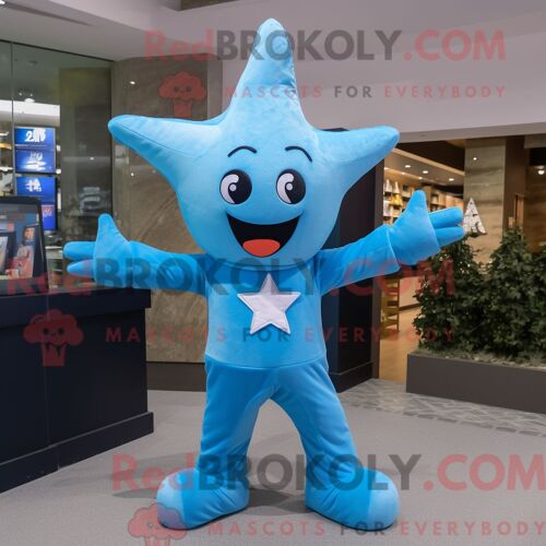 Personnage De Costume De Mascotte Redbrokoly D Étoile De Mer Bleu Ciel Habillé Avec Des Clips De Costume Et D Écharpe