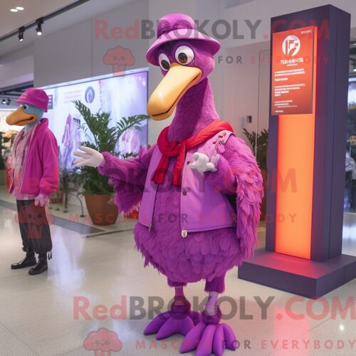 Costume De Mascotte Redbrokoly De Flamant Violet Habillé D Une Parka Et D Un Porte-Monnaie