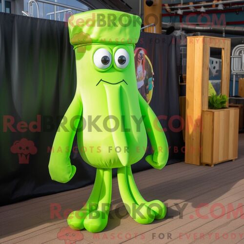 Costume De Mascotte Redbrokoly De Calmar Vert Citron Habillé D Un Pantalon Cargo Et De Noeuds Papillons