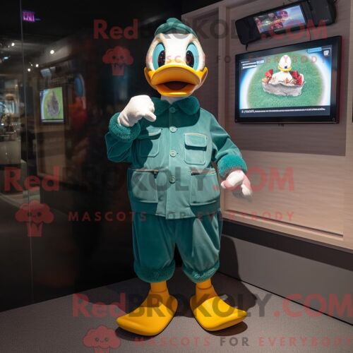 Personnage De Costume De Mascotte Redbrokoly De Canard Sarcelle Habillé Avec Une Salopette Et Des Pochettes
