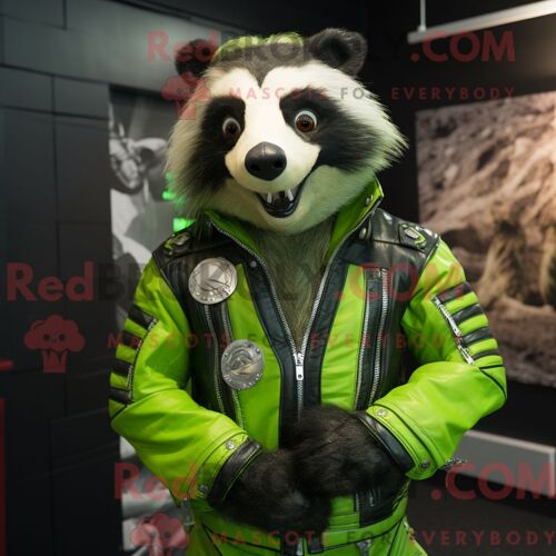 Costume De Mascotte Redbrokoly De Blaireau Vert Citron Habillé D Une Veste De Motard Et De Ceintures