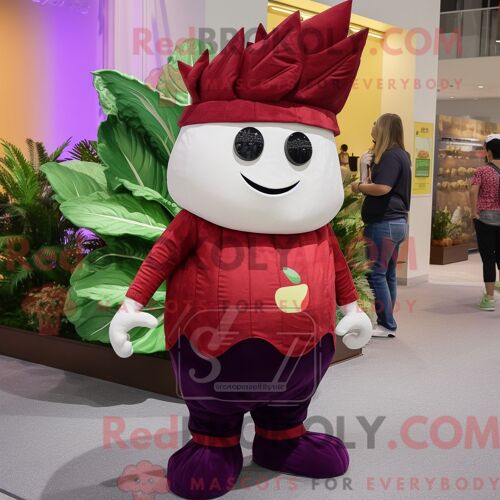 Personnage De Costume De Mascotte Redbrokoly De Feuille De Chou Marron Habillé Avec Un Jean Boyfriend Et Des Colliers