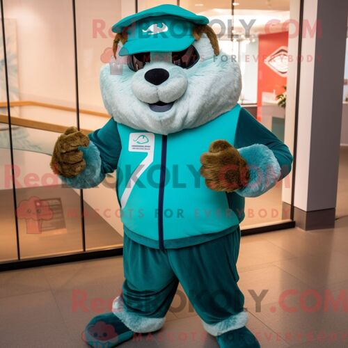 Costume Mascotte Redbrokoly De Marmotte Bleu Sarcelle Habillé D Un Legging Et D Anneaux