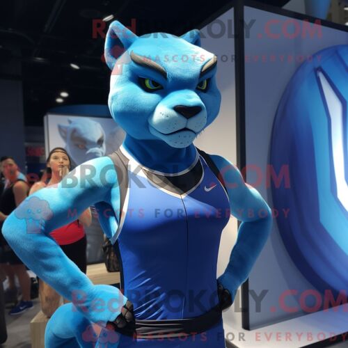 Costume Mascotte Redbrokoly De Puma Bleu Personnage Habillé Avec Un Débardeur Et Des Boucles D Oreilles