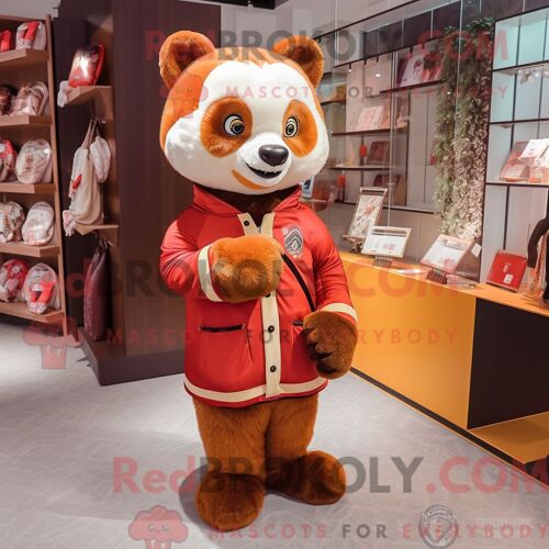 Costume De Mascotte Redbrokoly De Panda Roux Beige Habillé D Un Manteau Et De Porte-Monnaie