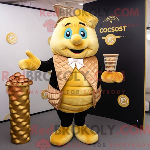 Personnage De Costume De Mascotte Redbrokoly De Croissant D Or Habillé D Un Gilet Et D Un Porte-Monnaie