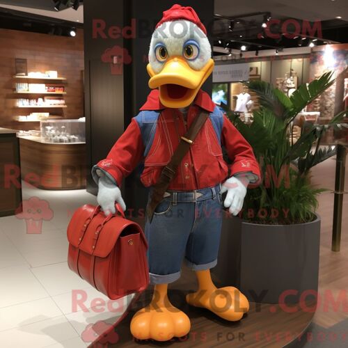 Costume De Mascotte Redbrokoly D Oies Rouges Habillé Avec Un Jean Et Des Sacs À Main